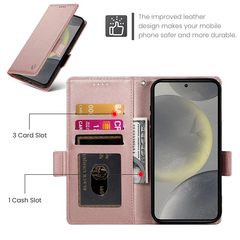 DF-010 For Samsung Galaxy S25 Stand Case PU Leather Wallet Phone Cover - Rose Gold - 6
