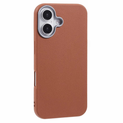 For iPhone 16 Plus Case Electroplating Lens Frame Textured TPU Shockproof Phone Cover - Brown - 1