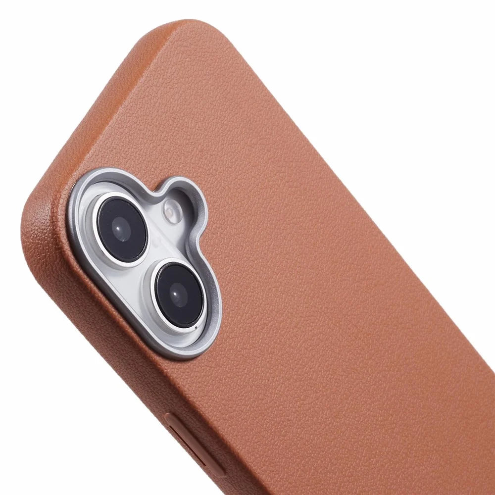 For iPhone 16 Plus Case Electroplating Lens Frame Textured TPU Shockproof Phone Cover - Brown - 6
