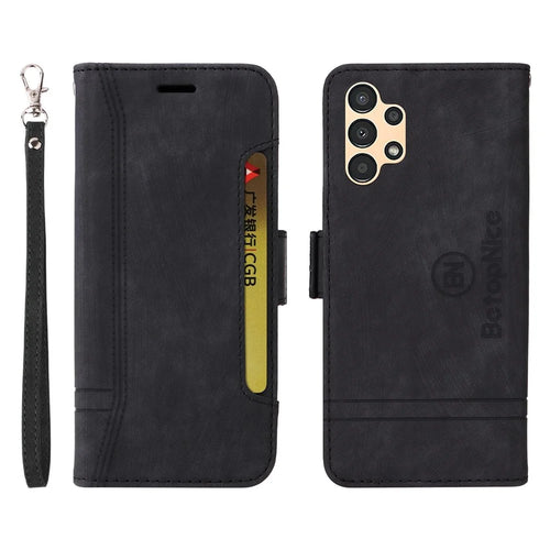 BETOPNICE 001 For Samsung Galaxy A13 4G / A13 5G / A04 4G (164.4mm) / A04s 4G (164.7mm) / M13 5G PU Leather Cover Stitching Line with Strap - Black - 1