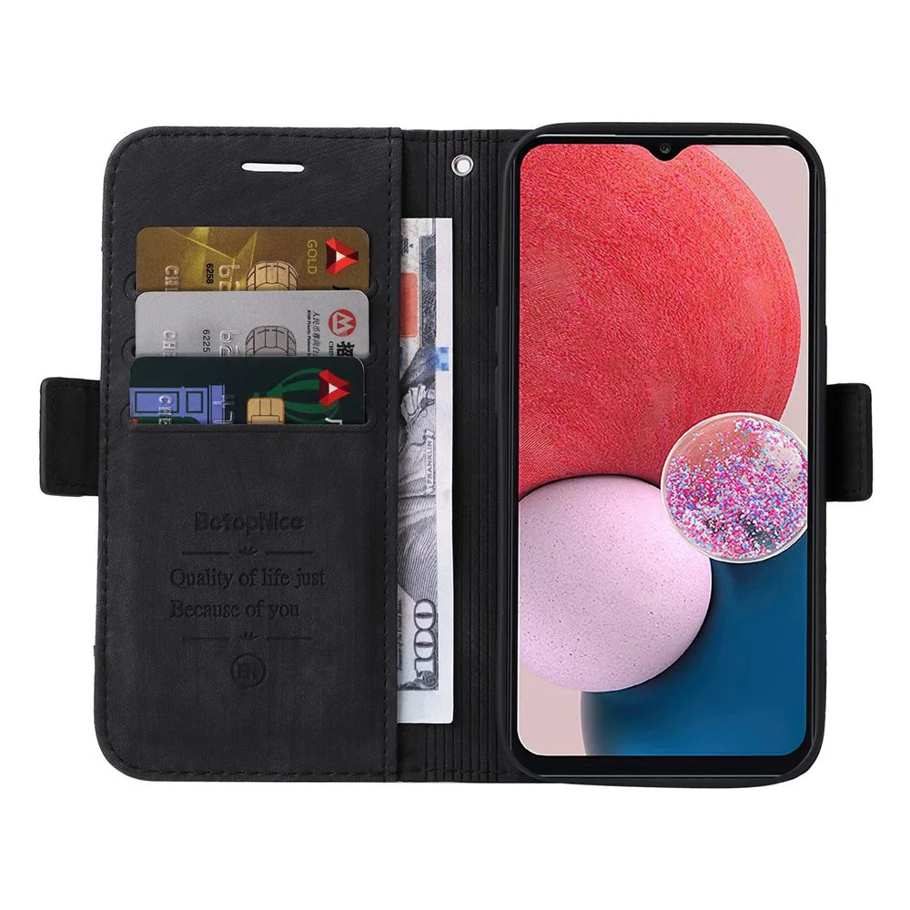 BETOPNICE 001 For Samsung Galaxy A13 4G / A13 5G / A04 4G (164.4mm) / A04s 4G (164.7mm) / M13 5G PU Leather Cover Stitching Line with Strap - Black - 2