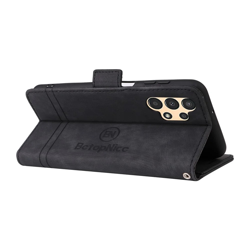 BETOPNICE 001 For Samsung Galaxy A13 4G / A13 5G / A04 4G (164.4mm) / A04s 4G (164.7mm) / M13 5G PU Leather Cover Stitching Line with Strap - Black - 4