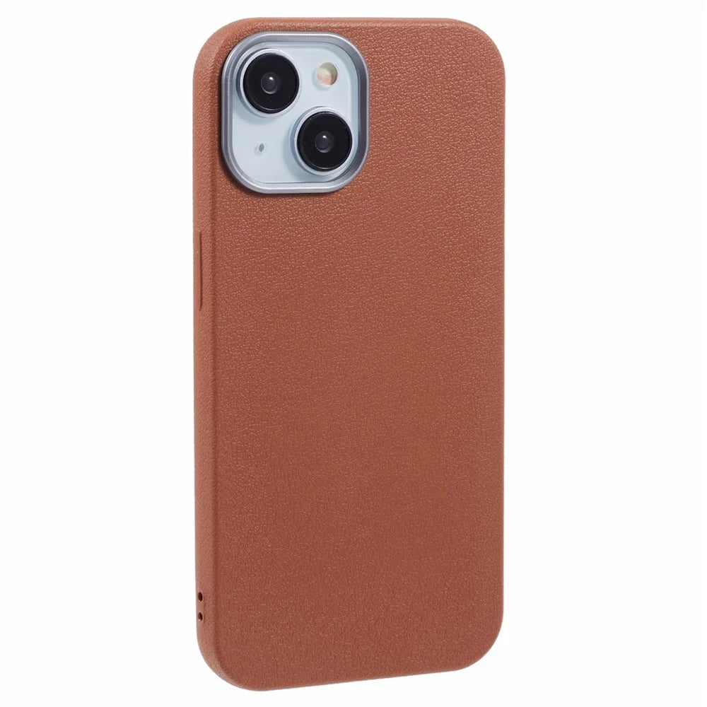 For iPhone 14 Case Electroplating Lens Frame Textured TPU Shockproof Phone Cover - Brown - 1
