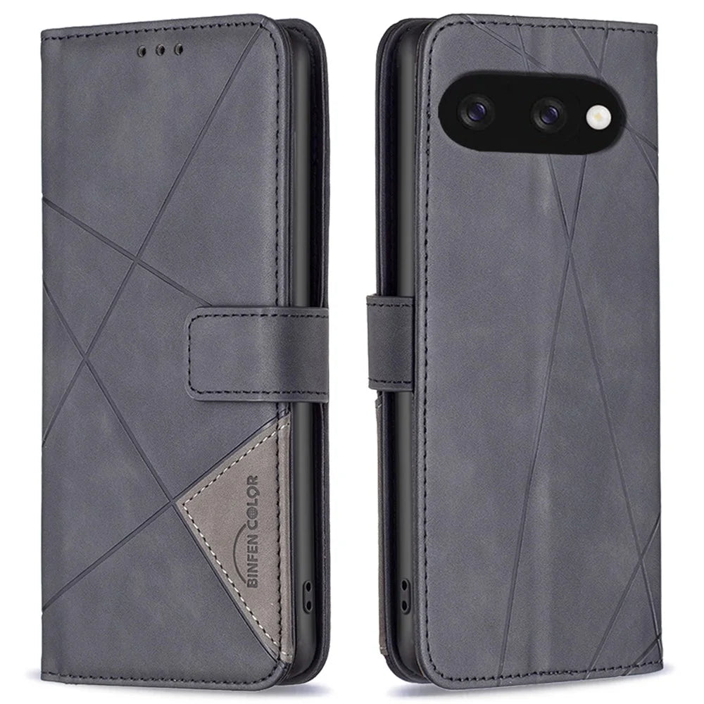 BINFEN COLOR For Google Pixel 9a Phone Cases Wallet Stand Geometry Imprint Leather Cover - Black - 1
