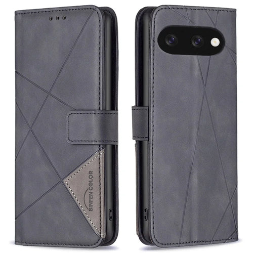 BINFEN COLOR For Google Pixel 9a Phone Cases Wallet Stand Geometry Imprint Leather Cover - Black - 1