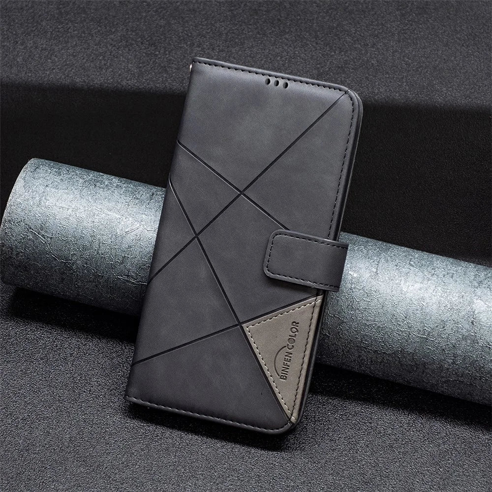 BINFEN COLOR For Google Pixel 9a Phone Cases Wallet Stand Geometry Imprint Leather Cover - Black - 6