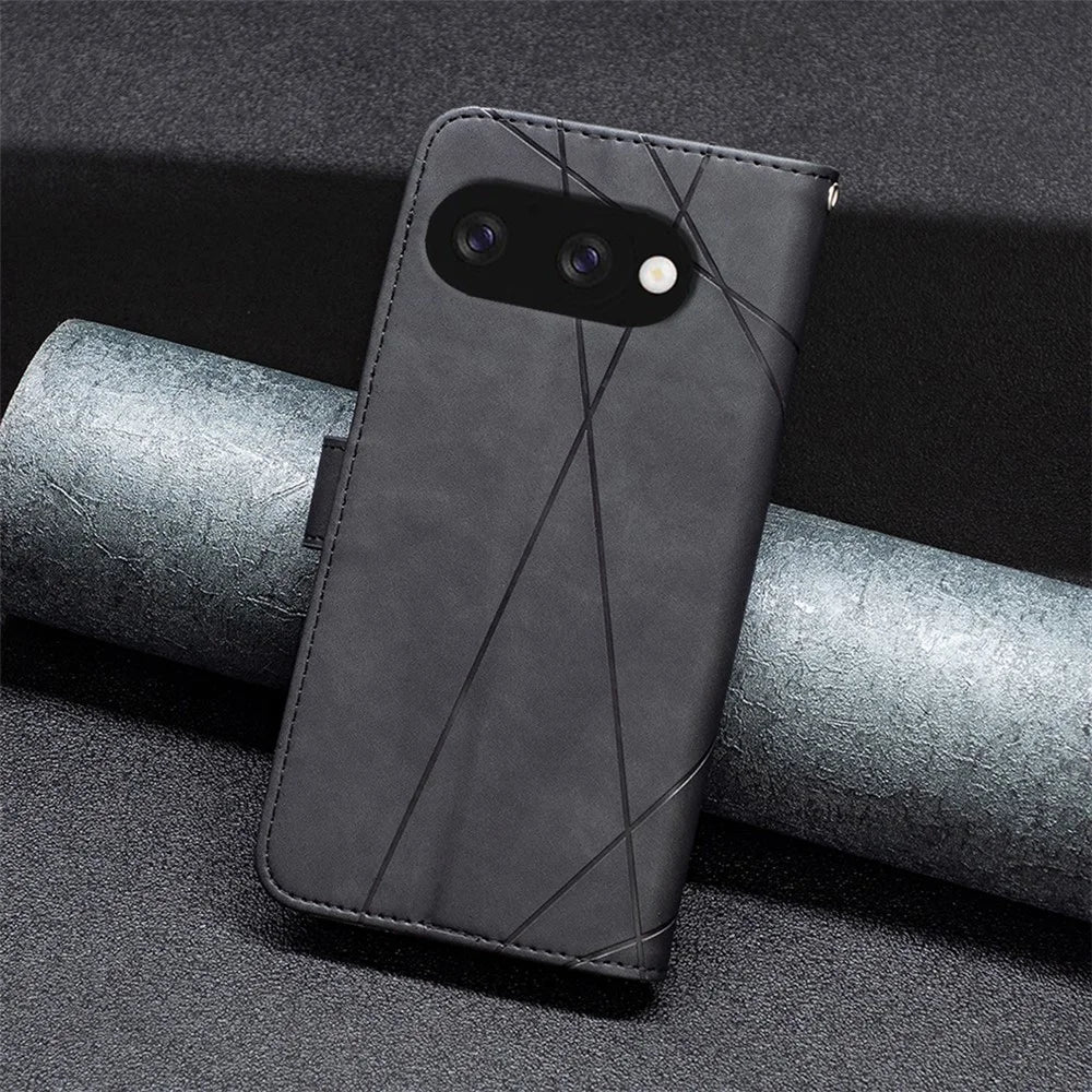 BINFEN COLOR For Google Pixel 9a Phone Cases Wallet Stand Geometry Imprint Leather Cover - Black - 7