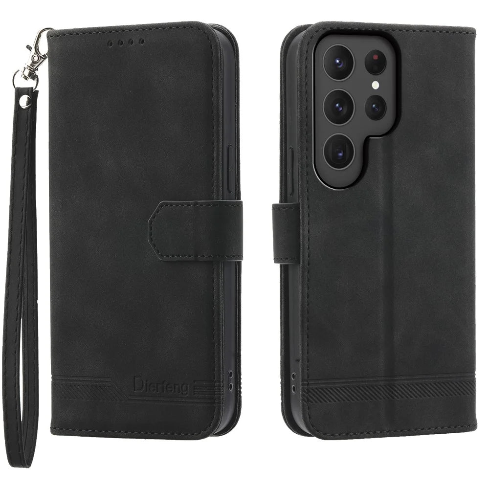 DIERFENG DF-03 For Samsung Galaxy S25 Ultra Leather Case Lines Imprint Wallet Phone Cover - Black - 1