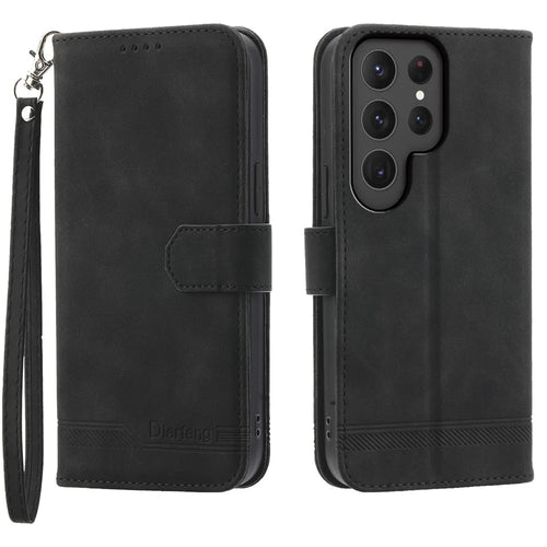 DIERFENG DF-03 For Samsung Galaxy S25 Ultra Leather Case Lines Imprint Wallet Phone Cover - Black - 1