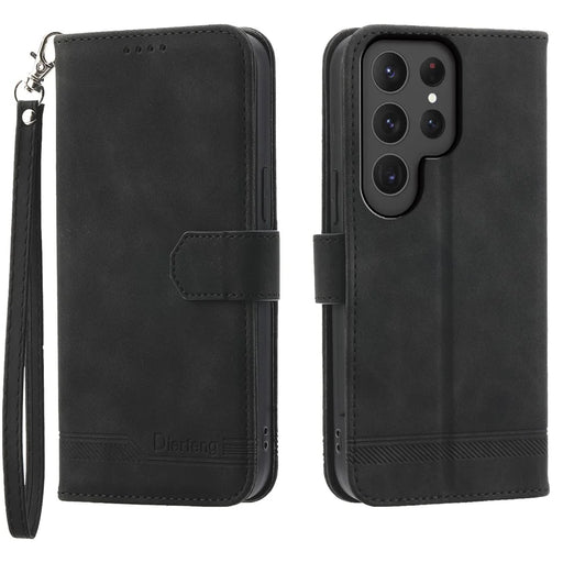 DIERFENG DF-03 For Samsung Galaxy S25 Ultra Leather Case Lines Imprint Wallet Phone Cover - Black - 1