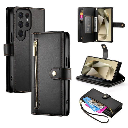 DF-011 For Samsung Galaxy S25 Ultra Case Zipper Pocket Wallet Leather Phone Cover with Straps - Black - 1