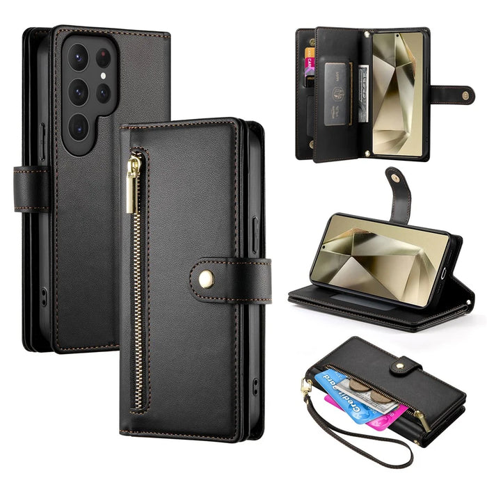 DF-011 For Samsung Galaxy S25 Ultra Case Zipper Pocket Wallet Leather Phone Cover with Straps - Black - 1