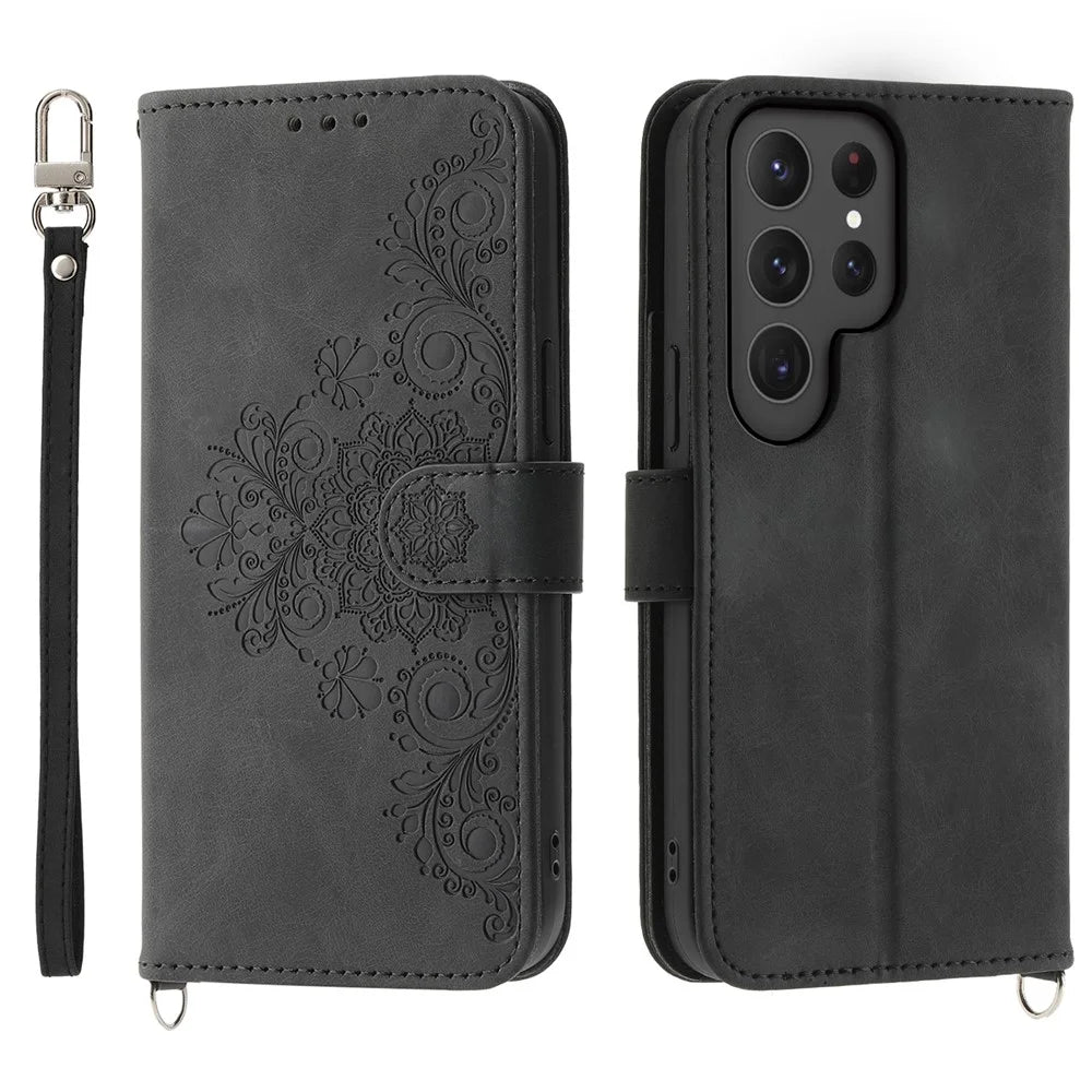 For Samsung Galaxy S25 Ultra Case Flower Pattern PU Leather Wallet Phone Cover with Strap - Black - 1