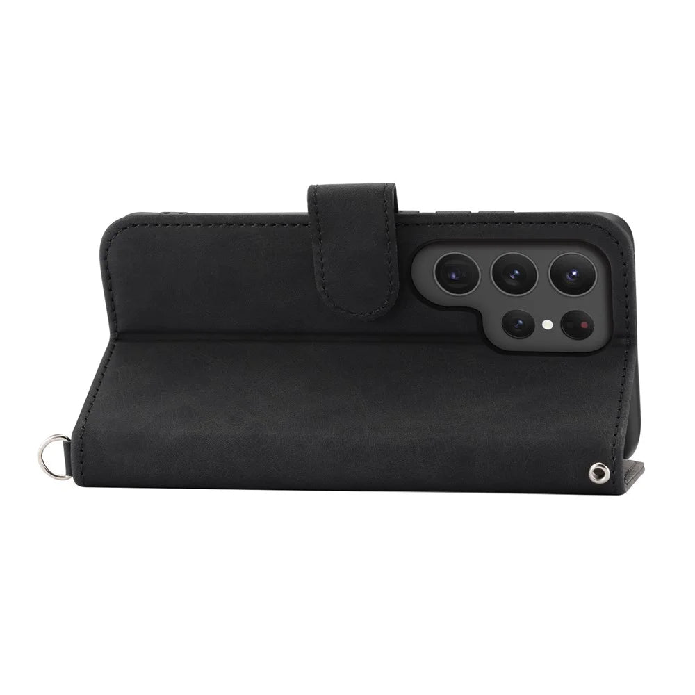 For Samsung Galaxy S25 Ultra Case Flower Pattern PU Leather Wallet Phone Cover with Strap - Black - 2