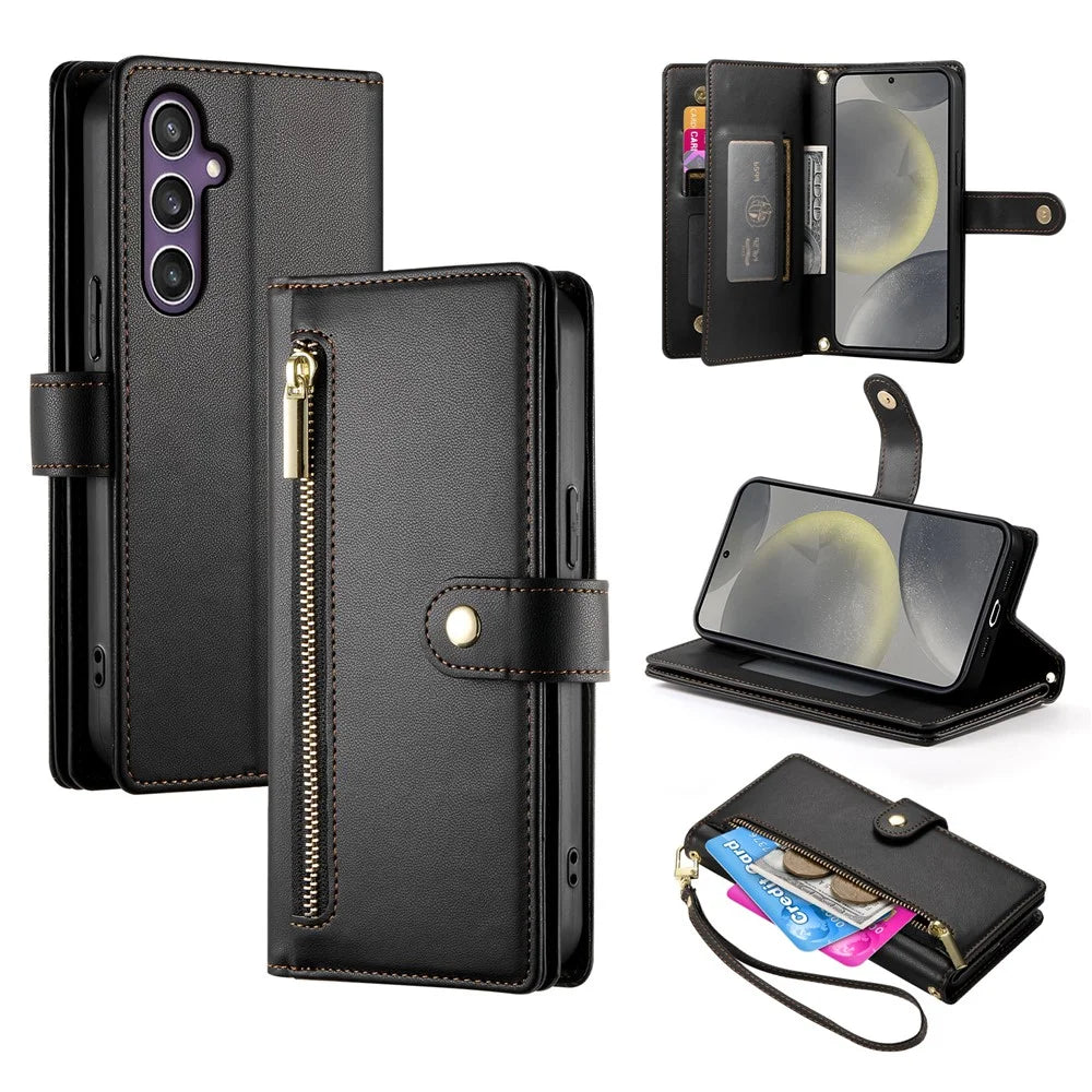 DF-011 For Samsung Galaxy S25 Case Zipper Pocket Wallet Leather Phone Cover with Straps - Black - 1
