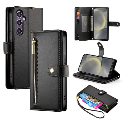 DF-011 For Samsung Galaxy S25 Case Zipper Pocket Wallet Leather Phone Cover with Straps - Black - 1