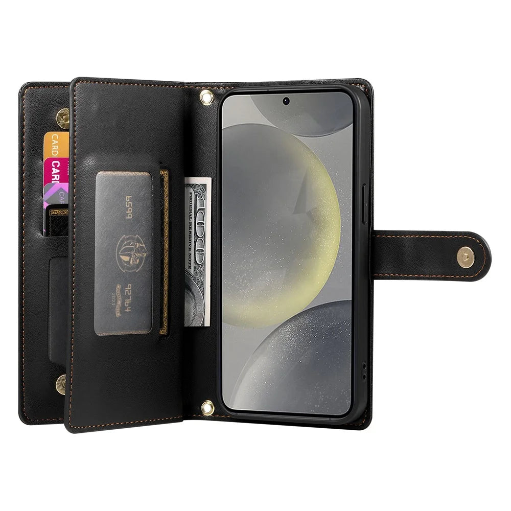 DF-011 For Samsung Galaxy S25 Case Zipper Pocket Wallet Leather Phone Cover with Straps - Black - 2