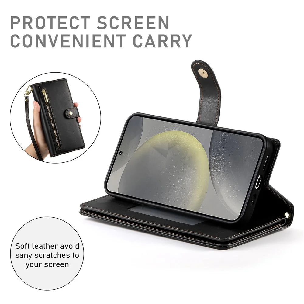 DF-011 For Samsung Galaxy S25 Case Zipper Pocket Wallet Leather Phone Cover with Straps - Black - 3