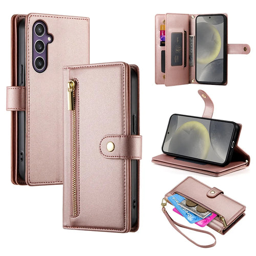 DF-011 For Samsung Galaxy S25+ Case Zipper Pocket Wallet Leather Phone Cover with Straps - Pink - 1