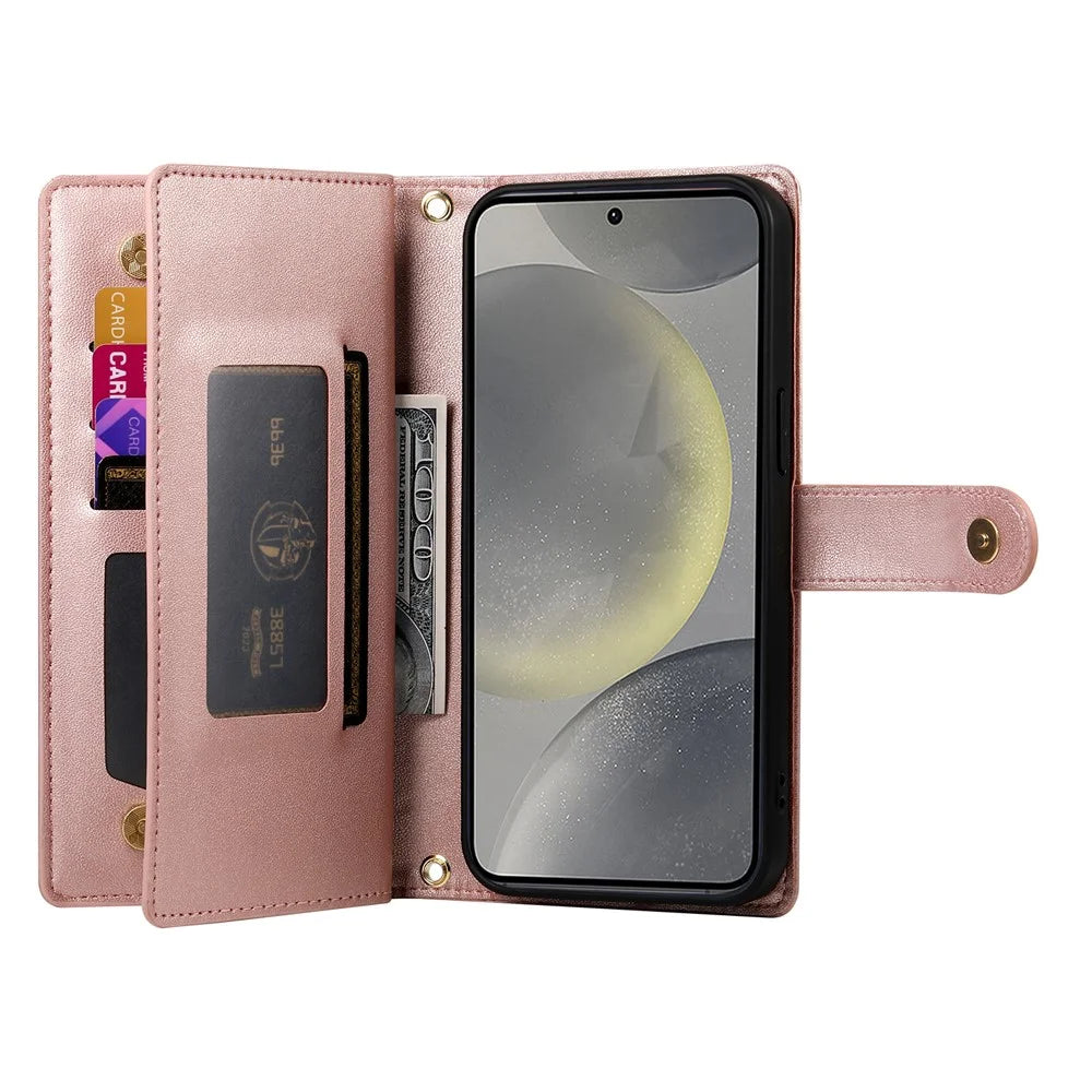 DF-011 For Samsung Galaxy S25+ Case Zipper Pocket Wallet Leather Phone Cover with Straps - Pink - 2