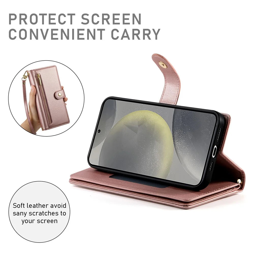 DF-011 For Samsung Galaxy S25+ Case Zipper Pocket Wallet Leather Phone Cover with Straps - Pink - 3