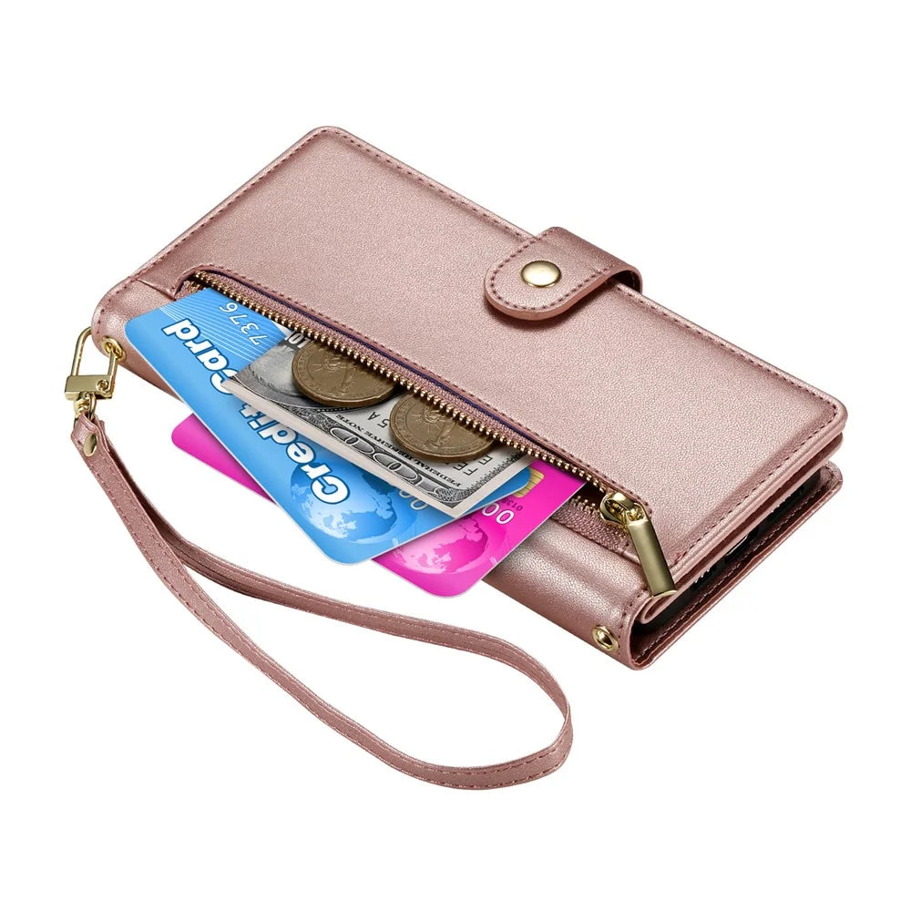 DF-011 For Samsung Galaxy S25+ Case Zipper Pocket Wallet Leather Phone Cover with Straps - Pink - 4