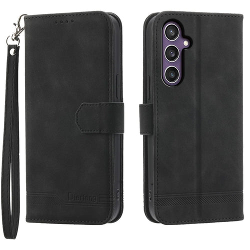 DIERFENG DF-03 For Samsung Galaxy S25 Leather Case Lines Imprint Wallet Phone Cover - Black - 1