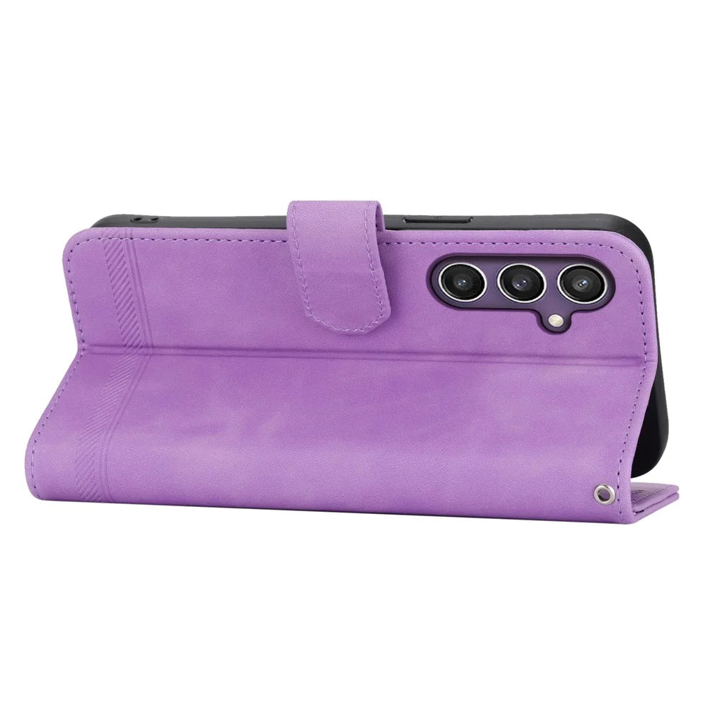 DIERFENG DF-03 For Samsung Galaxy S25+ Leather Case Lines Imprint Wallet Phone Cover - Purple - 3