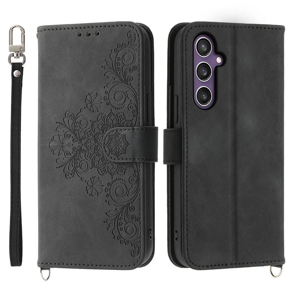 For Samsung Galaxy S25+ Case Flower Pattern PU Leather Wallet Phone Cover with Strap - Black - 1