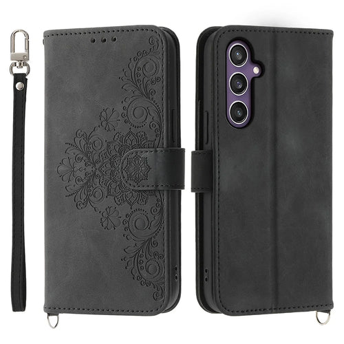 For Samsung Galaxy S25+ Case Flower Pattern PU Leather Wallet Phone Cover with Strap - Black - 1