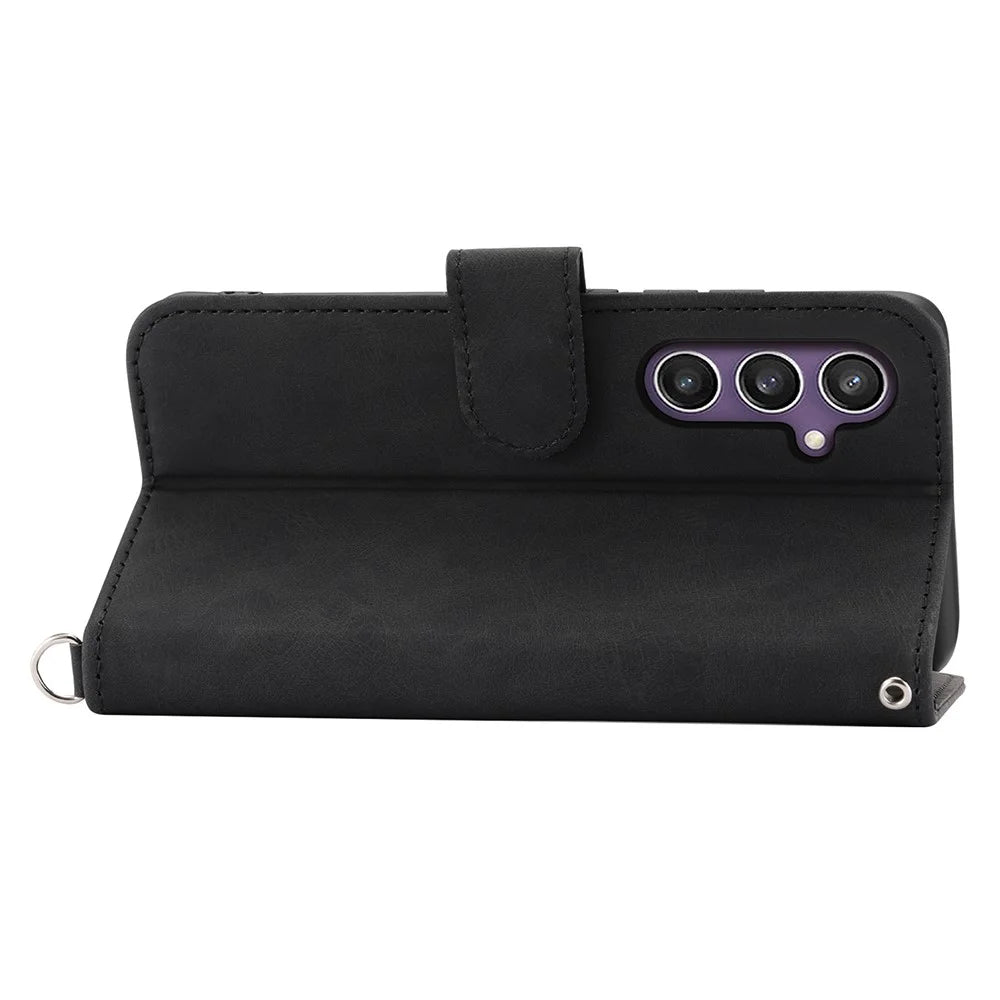 For Samsung Galaxy S25 Case Flower Pattern PU Leather Wallet Phone Cover with Strap - Black - 4