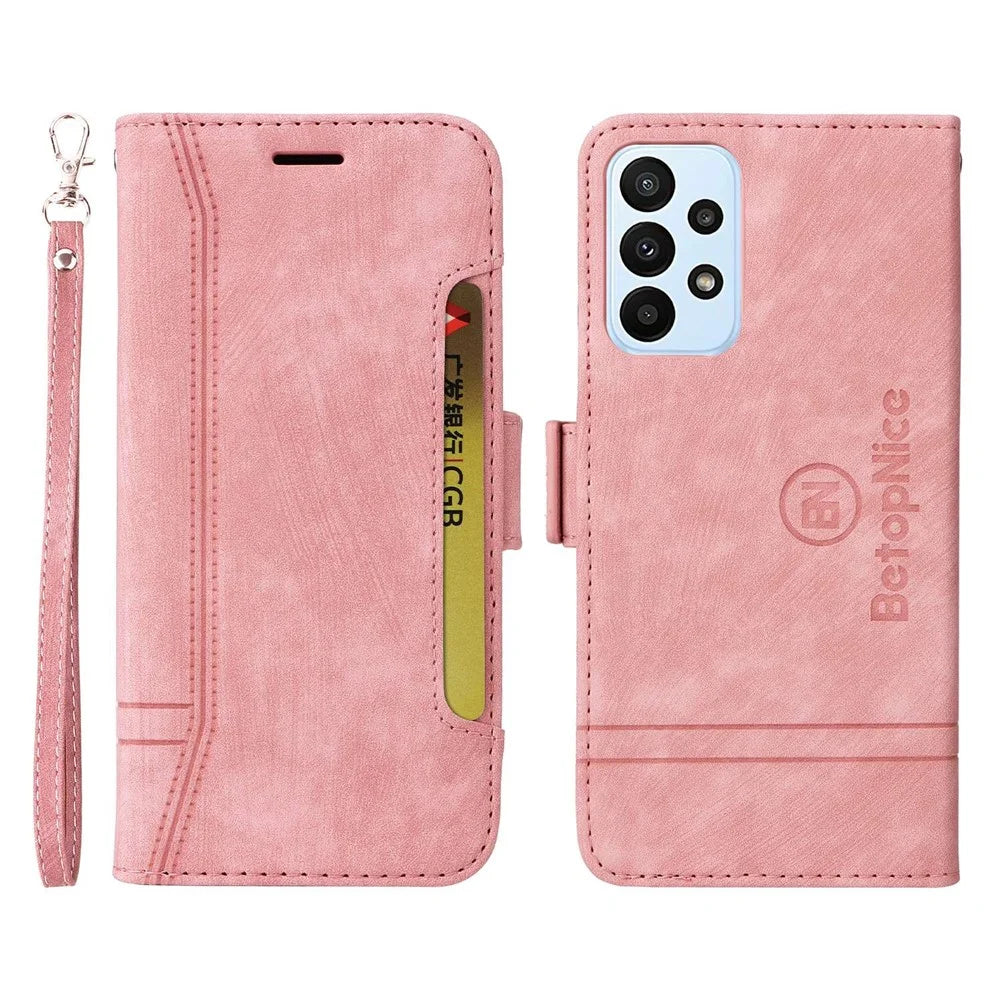 BETOPNICE 001 For Samsung Galaxy A23 4G / F23 5G / M23 5G / M13 4G / A23 5G (Global Version) Imprinted Stitching Line Leather Case Stand Wallet Phone Cover with Strap - Pink - 1