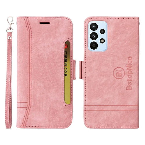 BETOPNICE 001 For Samsung Galaxy A23 4G / F23 5G / M23 5G / M13 4G / A23 5G (Global Version) Imprinted Stitching Line Leather Case Stand Wallet Phone Cover with Strap - Pink - 1