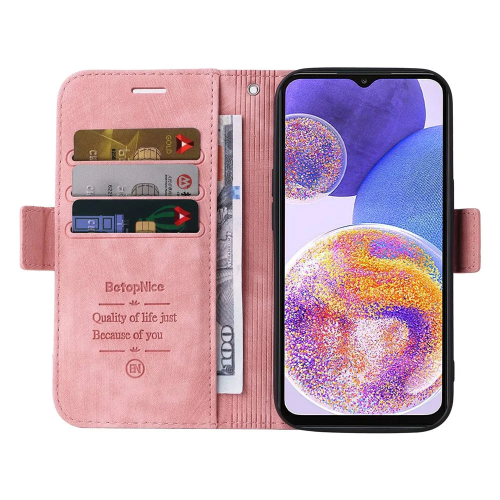 BETOPNICE 001 For Samsung Galaxy A23 4G / F23 5G / M23 5G / M13 4G / A23 5G (Global Version) Imprinted Stitching Line Leather Case Stand Wallet Phone Cover with Strap - Pink - 2