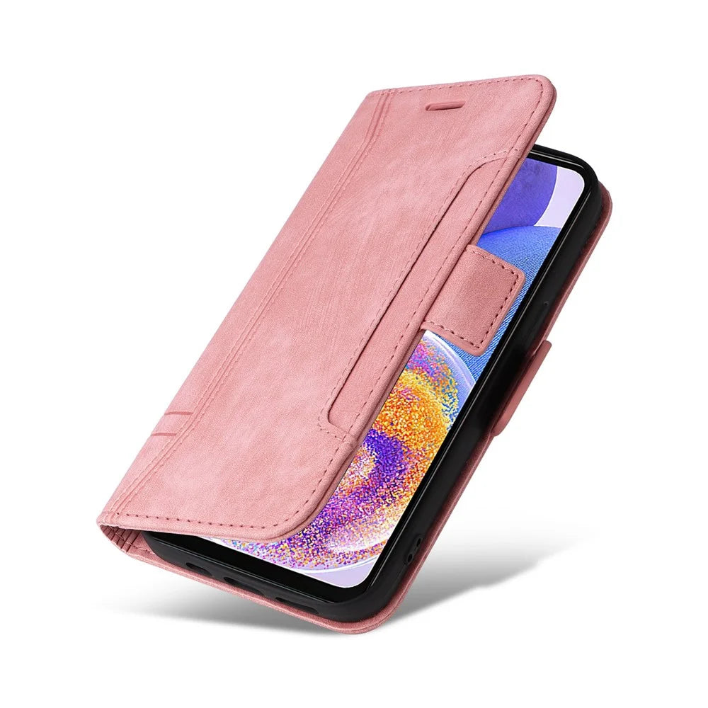 BETOPNICE 001 For Samsung Galaxy A23 4G / F23 5G / M23 5G / M13 4G / A23 5G (Global Version) Imprinted Stitching Line Leather Case Stand Wallet Phone Cover with Strap - Pink - 6