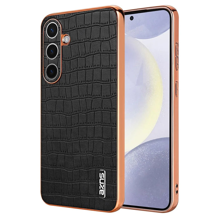 AZNS For Samsung Galaxy S25 Case Electroplating Crocodile Texture PU+TPU Phone Cover - Black - 1