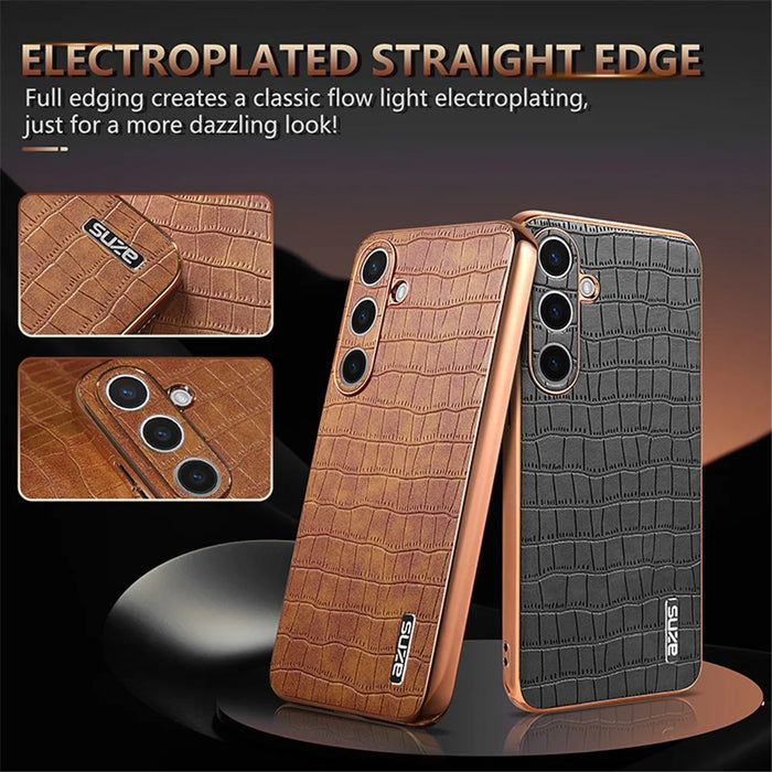 AZNS For Samsung Galaxy S25 Case Electroplating Crocodile Texture PU+TPU Phone Cover - Black - 3