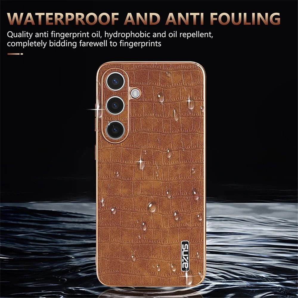 AZNS For Samsung Galaxy S25 Case Electroplating Crocodile Texture PU+TPU Phone Cover - Black - 5