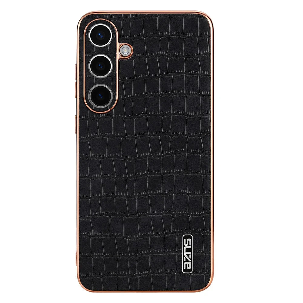 AZNS For Samsung Galaxy S25+ Case Electroplating Crocodile Texture PU+TPU Phone Cover - Black - 2
