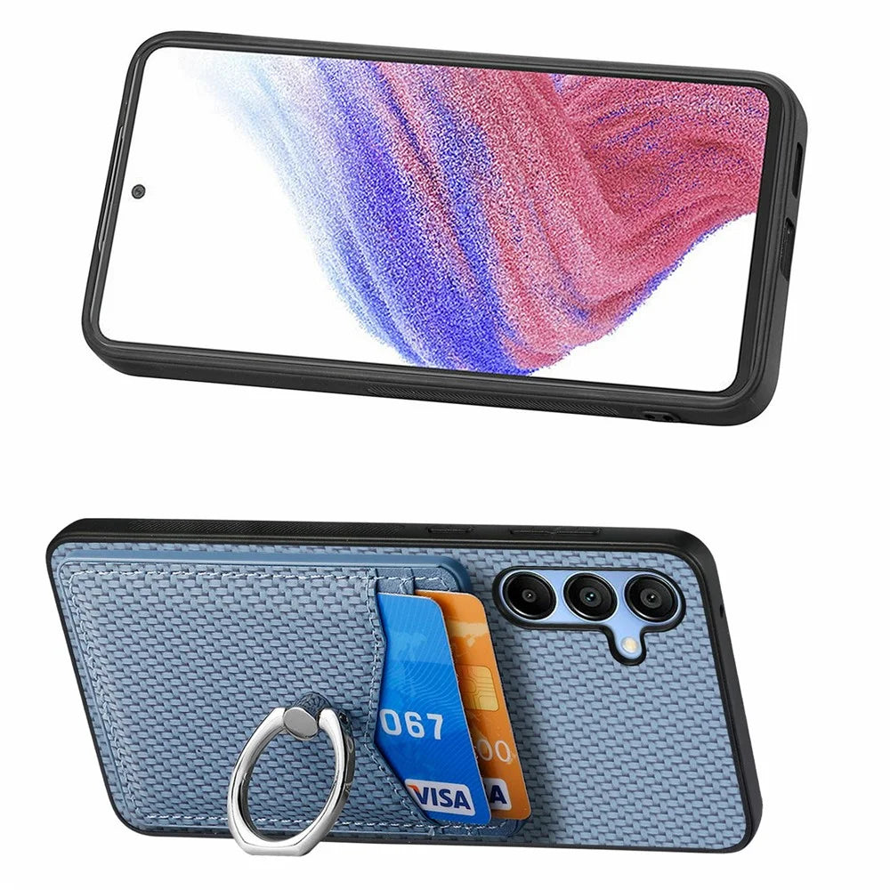 For Samsung Galaxy A16 4G / 5G Case Card Slots Ring Holder Kickstand Phone Cover - Blue - 4