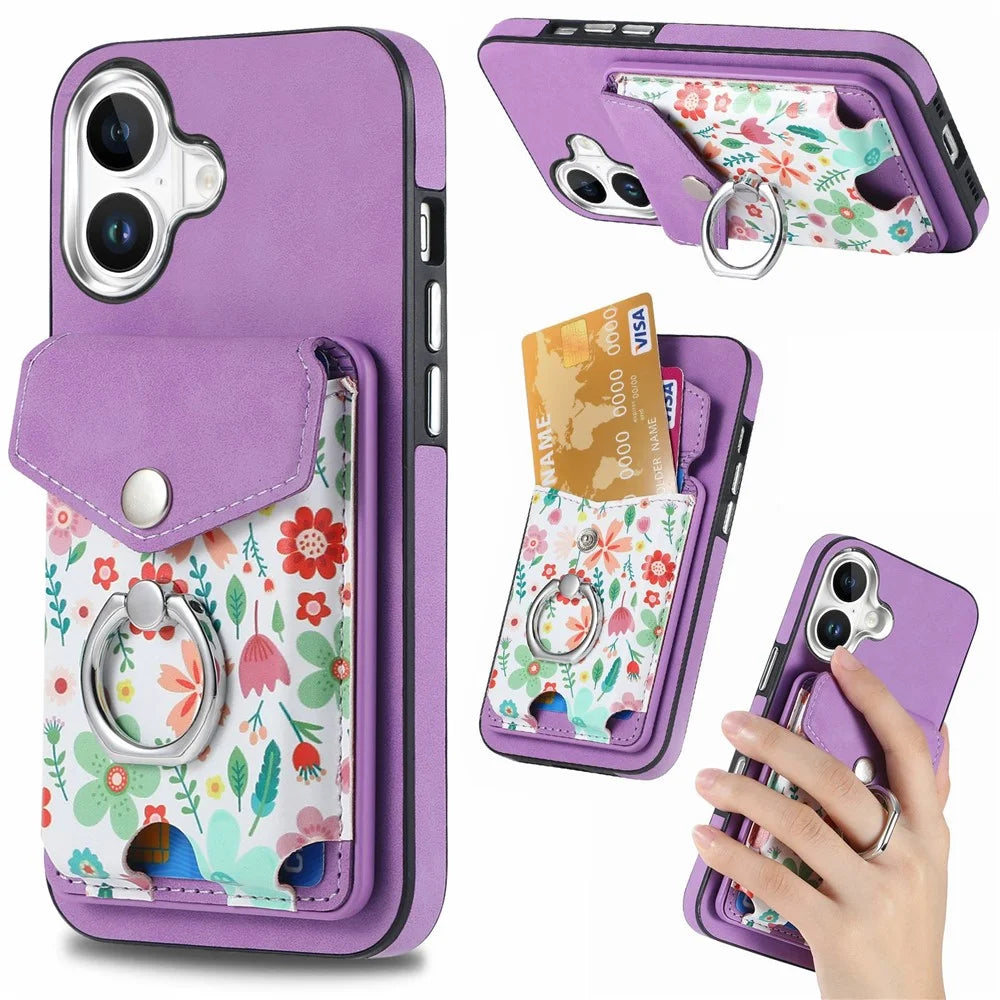 For iPhone 16 Case Compatible with MagSafe Card Bag Leather+TPU Phone Cover - Purple - 1