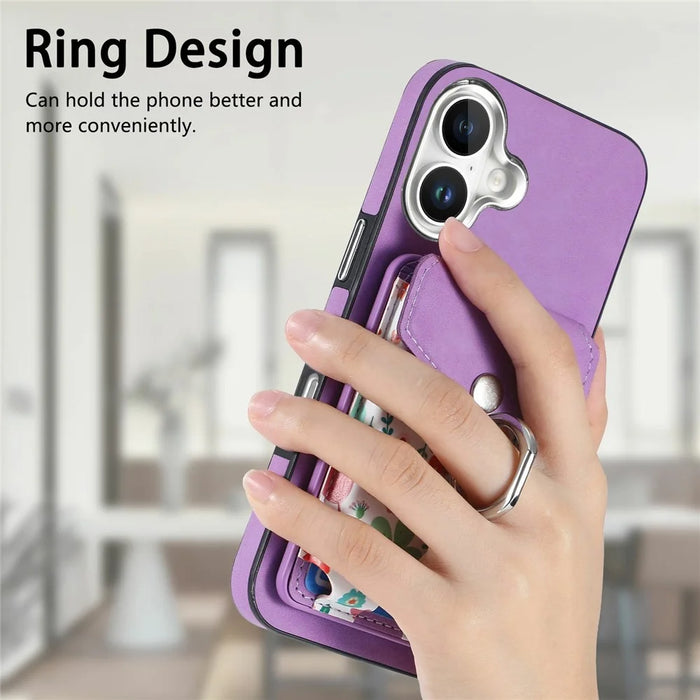 For iPhone 16 Case Compatible with MagSafe Card Bag Leather+TPU Phone Cover - Purple - 7