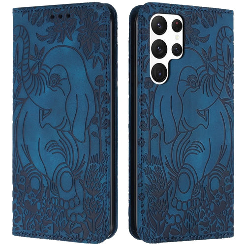 For Samsung Galaxy S25 Ultra Case PU Leather Wallet Phone Cover Elephant Pattern - Blue - 1