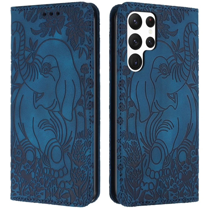 For Samsung Galaxy S25 Ultra Case PU Leather Wallet Phone Cover Elephant Pattern - Blue - 1