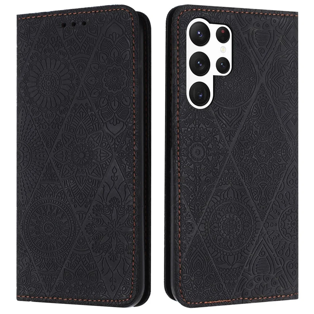 For Samsung Galaxy S25 Ultra Case Imprinted Flower Wallet Stand Leather Phone Cover - Black - 1