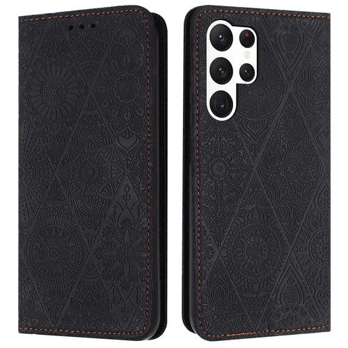 For Samsung Galaxy S25 Ultra Case Imprinted Flower Wallet Stand Leather Phone Cover - Black - 1