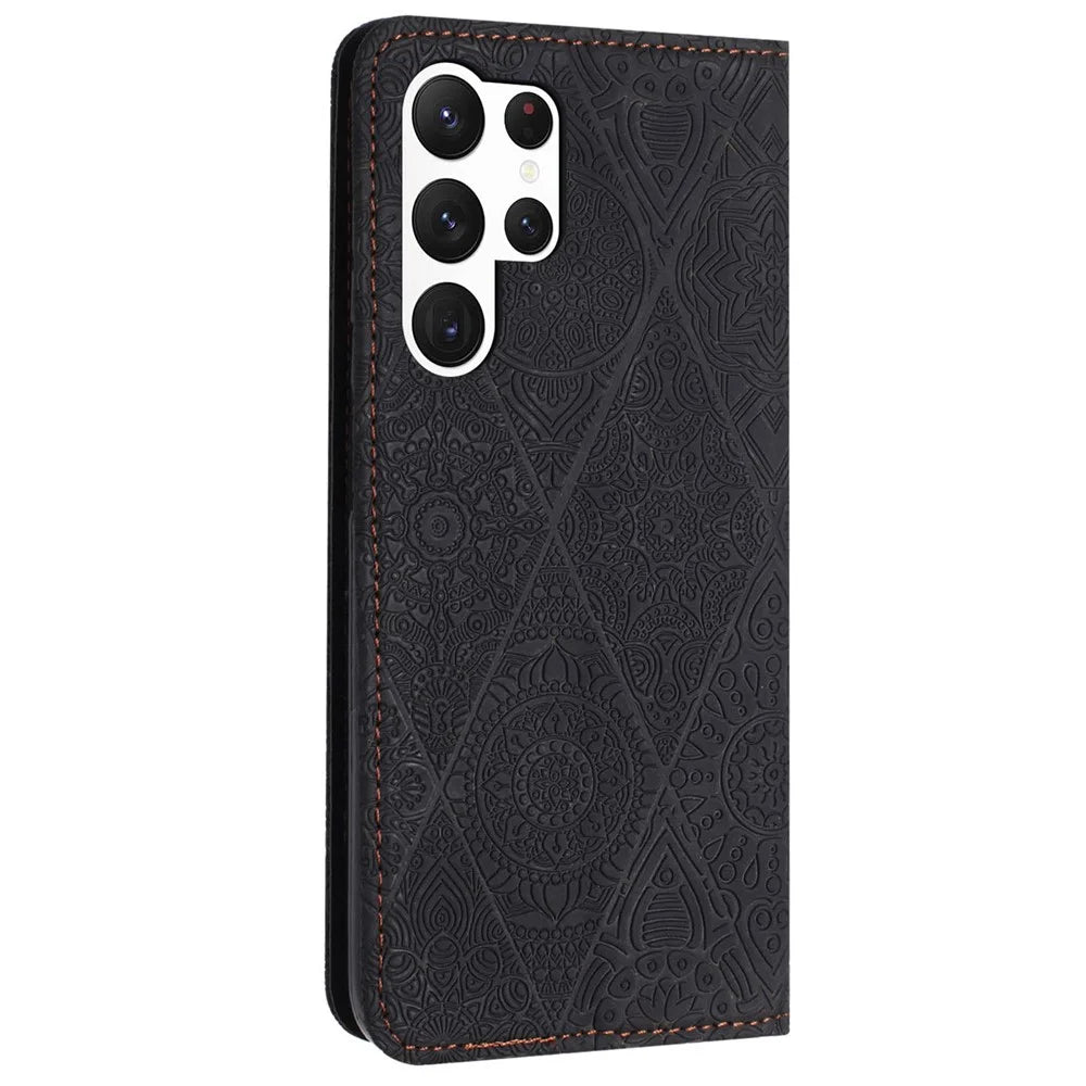 For Samsung Galaxy S25 Ultra Case Imprinted Flower Wallet Stand Leather Phone Cover - Black - 6
