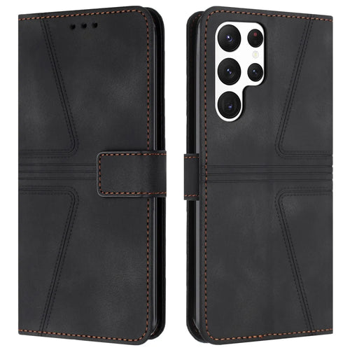 For Samsung Galaxy S25 Ultra Case Triangle Imprinted Anti-Scratch Phone Wallet Cover - Black - 1
