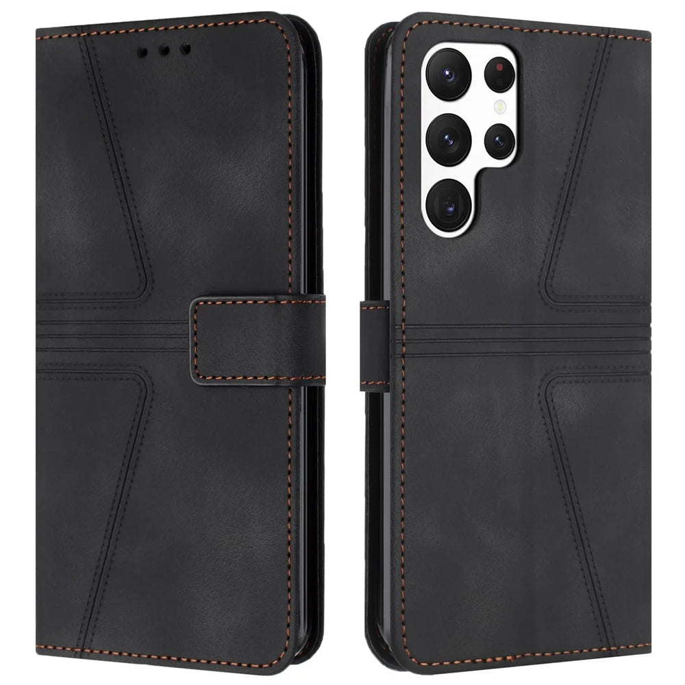 For Samsung Galaxy S25 Ultra Case Triangle Imprinted Anti-Scratch Phone Wallet Cover - Black - 1