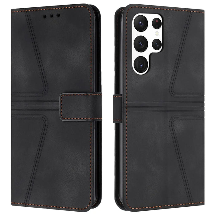 For Samsung Galaxy S25 Ultra Case Triangle Imprinted Anti-Scratch Phone Wallet Cover - Black - 1